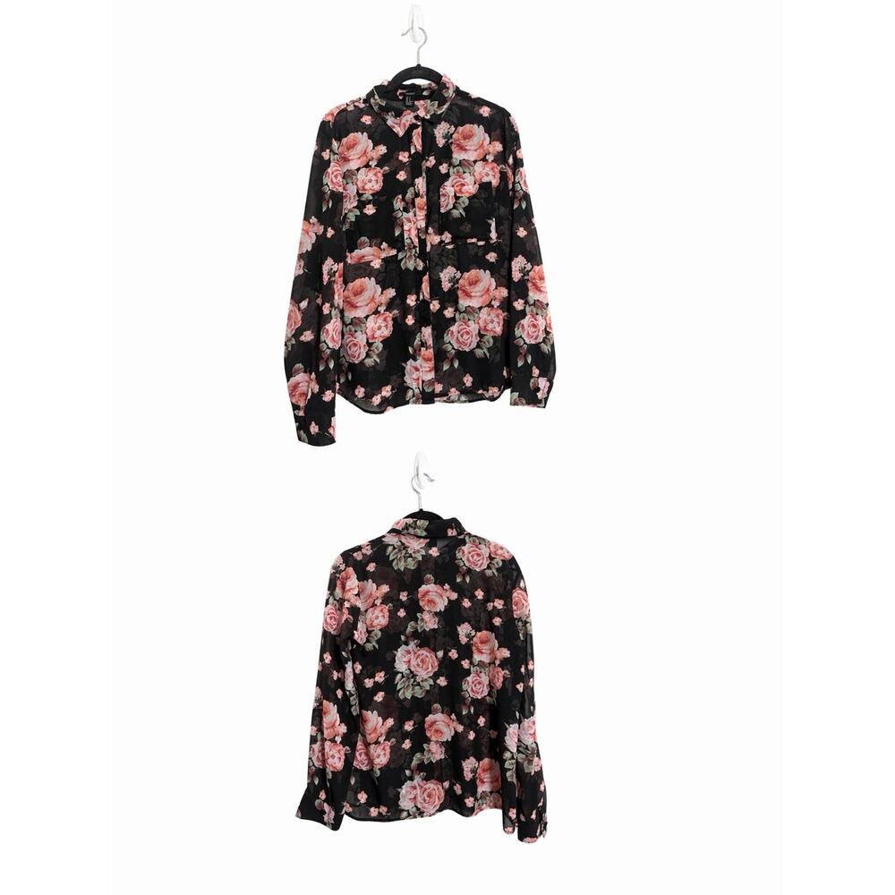 Forever 21 Floral Sheer Blouse Black Pink Roses Button Up Top Small